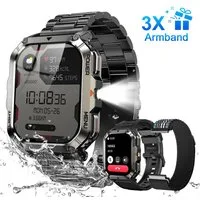 blackview Militär-Smartwatch Herren mit 900mAh Akku/LED-Taschenlampe/Kompass/SOS Smartwatch (2.01 Zoll, iOS/Android), 3-tlg., 3 x Riemen / 2 x Riemen und Ladekabel, Herzfrequenz,SpO₂& Schlafüberwachung,100+ Sportmodi,Schrittzähler,IP68