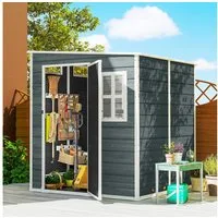 Outsunny Gerätehaus mit Holzoptik, 3 Fenster, Belüftung, Boden, Schloss, Handschuhe, BxT: 182x182 cm, (Geräteschuppen, 3 St., Gartenschuppen), für Werkzeuge Fahrrad Grau