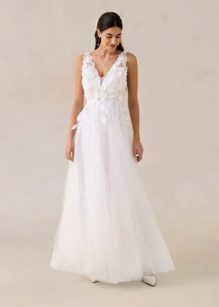 bonprix Maxikleid aus zartem Tüll mit Blumen-Applikation, weiß, Gr.36, Romantisch und feminin: Bezauberndes Brautkleid in Maxi-Länge aus zartem Tüll mit Blumen-Applikation im Oberteil