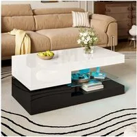 BlingBin Couchtisch Kaffeetisch Beistelltisch Wohnzimmertisch (1-St., mit LED-Ambientebeleuchtung, APP- und Bluetooth-Steuerung, Glasablage), Schwarz-Weiß-Design,Hochglanz-Oberfläche,90x45x35,5 cm