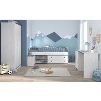Parisot Jugendzimmer-Set Tivaro, (Kinderzimmer in Kiefer weiß, Komplett-Set 4-teilig), inkl. Absetzungen in Blau und Pink