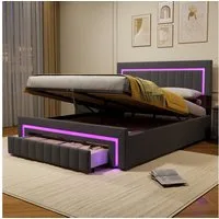 STILVORA Polsterbett 180×200 mit bettkasten,Funktionbett Boxspringbett mit LED & Schubladen (verstärkter Metallrahmen, stabiler Lattenrost, Gepolstertes Kopfteil, Bettkasten mit Hydraulik, Bettgestell mit Gepolstertes Kopfteil), mit einem Hebeseil, S