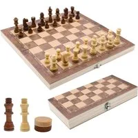 Holz Lichter Spiel 3-in-1 Reiseschach–Schach, Dame & Backgammon mit abschließbarem Brett, 3-in-1 Schach, Dame & Backgammon in Reisegröße