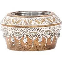 Marrakesch Orient & Mediterran Interior Tischkerzenhalter Boho Teelichthalter Anasuya modern aus Mangoholz in Braun-Weiß 9 cm (1 St), Handarbeit