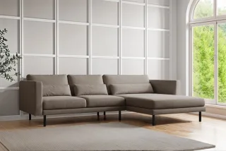 Ecksofa Designersofa AGADA in Stoff Verita Braun Ottomane Rechts