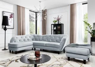 Ecksofa inkl.Hocker CHARLOTTE in Stoff Matt Velvet Hellgrau Ottomane Links