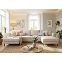 Home affaire Wohnlandschaft Booster II, whlw. mit Schlaffunktion & Bettkasten, Fuß schwarz, Sofa in U-Form, Breite 305 cm, in Cord oder Struktur LEO o. LINO