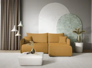 Ecksofa Sofa mit Schlaffunktion CALGARY Stoff Curio Senfgelb Ottomane Rechts