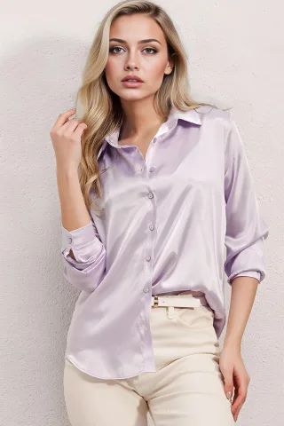 Satin Langarmhemd mit Knöpfen