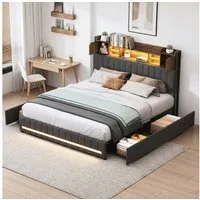 ADWOLT Stauraumbett Polsterbett Doppelbett mit 4 Schubladen und LED-Beleuchtung, Bettgestell mit Lattenrost und USB,Jugendbett 160x200cm,Leinen,Grau