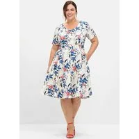 Sheego Etuikleid Abendkleid Kurzarm mit Blumenprint und Stoffgürtel