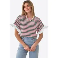 Imily Bela T-Shirt Damen Kurzarm Streifenmuster und Rüschenärmeln Casual Basic (Packung, 1-tlg., 1per-Pack) mit Rundhalsausschnitt