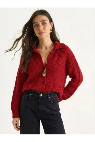 Strukturierter Polo-Kragen Knopf-Cardigan