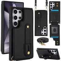 Wigento Handyhülle Fliphülle für Samsung Galaxy S26 Ultra Kartenfach Umhängeband Schwarz 6,9 Zoll, Kartenfächer, Handband, Umhängeband