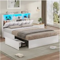 MSMASK Polsterbett Jugendbett, 140×200 cm mit Ladestation und LED-Beleuchtung (Ohne Matratze), Doppelbett mit 4 Schubladen