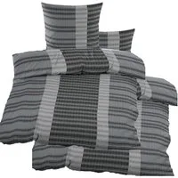 KH-Haushaltshandel Bettwäsche 4-tlg. Seersucker Bettwäsche 2x (135x200 +80x80cm), grau, Seersucker, 4 teilig, dunkelgrau hellgrau schwarz, quer gestreift, bügelfrei