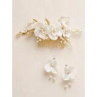 ANNIS WIESBADEN EST. 2021 Schmuckset Braut Perlenblüten-Brauthaarkamm und Ohrringe "Amélie" ivory (1 Brauthaarkamm + 1 Paar Ohrringe), für die Braut