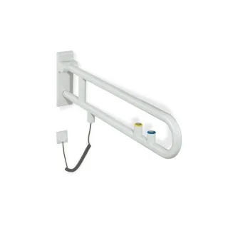 Hewi 801 E-Dreh-Stützklappgriff 801.50.50033 700 mm, rubinrot, Spül-/Funktionstaste, gelber Ring
