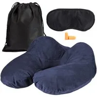 EAZY CASE Nackenhörnchen Aufblasbares Nackenhörnchen mit Stoffbezug, Nackenhörnchen Reise Set inklusive Schlafmaske & Ohrstöpsel Schwarz, Nackenhörnchen Reise Set inklusive Schlafmaske & Ohrstöpsel Schwarz