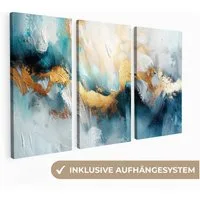 MuchoWow Leinwandbild Blau - Abstrakt - Weiß - Gold - Farbe, Fotodruck (3 St), Wand Bilder 3 Set, Deko Schlafzimmer Wohnzimmer Flur 60x40 cm