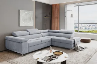 Ecksofa Sofa JADE Stoff Paros Hellgrau mit Schlaffunktion Ottomane Rechts
