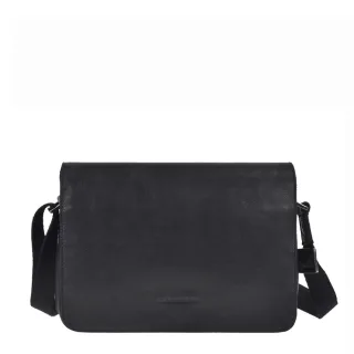 Umhängetasche mit drei Hauptfächern aus Leder in schwarz Rectangular | Greenburry. Elegante Schultertasche Pure Black für perfekte Organisation.