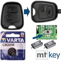 mt-key Reparatur Set Auto Schlüssel Ersatz Gehäuse + 2 Taster + VARTA CR2016 Knopfzelle, CR2016 (3 V), für Peugeot 206 Funk Fernbedienung