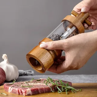 IPRee 1PCS Creative Pepper Grinder Acacia Wood Crafted Transparent Acrylic Fine Grinding Pepper Mill for Home Use Kitche