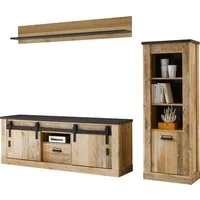 Home affaire Wohnwand Sherwood, Anbauwand im Industrial-Style, Komplettset, Wohnzimmer-Set, (3-St), enthält Regal, Lowboard &Wandboard, Scheunentorbeschlag Apothekergriff