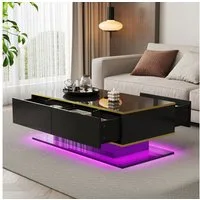 Merax Couchtisch hochglanz Sofatisch Beistelltisch mit LED-Beleuchtung (1-St), Wohnzimmertisch mit 3 Schubladen, Stauraum & Goldakzenten, 100x50x40cm