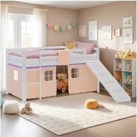 Homestyle4u Hochbett Kinderbett 90x200 Spielbett Holz Kiefer Mädchen Weiß Lila Vorhang (Komplett-Set mit Lattenrost, mit Rutsche, mit Matratze mit OEKO-TEX® Standard 100) mit Rausfallschutz, Mädchen Spielbett