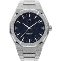 S&T Design Quarzuhr Armbanduhr Herrenuhr Frosted Iced Edelstahl Datum TIME SPACE, (inkl. Uhrenbox, Armbandkürzer), Japanisches Quarzwerk 40mm Leuchtzeiger Sternenhimmel Geschenkbox