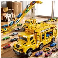 TEMI Spielzeug-Auto Transform Rennbahn LKW Spielzeug Set mit 12 Druckguss Autos