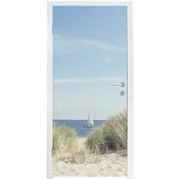 MuchoWow Türtapete Nordsee - Dünen - Boot, Matt, bedruckt, (1 St), Selbstklebende Tapete, Folie für Möbel, 75x205 cm