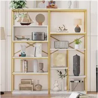 Flieks Bücherregal Standregal mit 11 Ablagen/5 Ebenen Goldfarbe & Weiß, B160xT29,5xH180 cm 1-tlg., Lagerregal Hochschrank Büroregal mit 11 Fächern, Metallrahmen & MDF