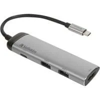 USB 3.2 Gen 1 Multiport-Hub, USB-C Stecker > 2x USB-A + USB-C Buchse + HDMI-Buchse, USB-Hub silber/schwarz, PD, Laden mit bis zu 100 Watt