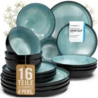 PURE LIVING INTERIOR DESIGN Geschirr-Set Pure Living »Ibiza« (16-tlg), 4 Personen, Steingut, Petrol, 4 Personen, Steingut, Mediterrane Handwerksoptik, Reaktive Glasur – jedes Stück einzigartig…