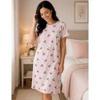 Rungassi Nachthemd Nachthemd Damen Kurzarm Schlafshirt Baumwolle Rosa mit Kirschen 6820