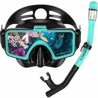 Airobots Schnorchel Schnorchelset Tauchermaske Schnorcheln Set Türkis Erwachsene Brille (Set, Schwimmbrille, Schnorchel und Tüte), Anti-Fog, Anti-Leck, 180°-Panoramasicht, HD-Glaslinse