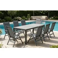 HOMALL Garten-Essgruppe Gartenmöbel Set aus klappbarer Armlehnstuhl und Aluminium Gartentisch, (9-tlg., 8 Klappstuhl (bis 160kg), 1Tisch (bis 100kg), Aluminium, Textilgewebe), Holzoptik Tisch & klappbare Stühle mit 7-fach verstellbarer Lehne