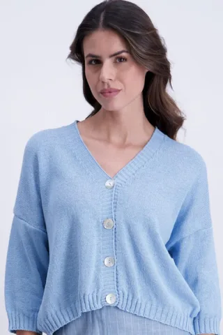 signe nature - Strickjacke mit V-Ausschnitt und 3/4-Ärmeln blau - Gr. - XS/S