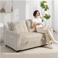 HOMCOM Schlafsofa mit 2 Kissen, Seitentaschen, Verstellbare Couch 1 Teile, 2-Sitzer-Polstersofa mit verstellbarer Rückenlehne, Cremeweiß