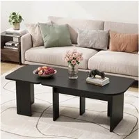 OYRREU Couchtisch Modulares Beistelltisch-Set 2-tlg. Schwarz Holzoptik, 90x52x45,5 cm (Sofatisch Set aus 2, Moderne Kaffeetische für Wohnzimmer & Schlafzimmer), unregelmäßiger verdickter Beistelltisch mit Runden Ecken, Schwarz