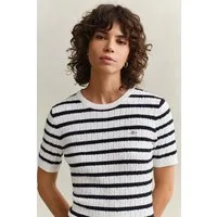 Gant Kurzarmpullover STRETCH COTTON CABLE STRIPE SS Gestreifter Zopfstrick, Rundhals, Schmale Passform