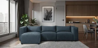 Ecksofa Designersofa NEVIO in Stoff Lincoln Blau Ottomane Links