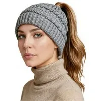 Neverless Strickmütze Damen Strickmütze Mütze Zopfloch Grobstrick Ungefüttert Wintermütze