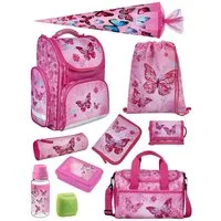 Familando Schulranzen Clou Schmetterling Schultasche, Butterfly rosa, ab 1. Klasse (Komplett-Set, 10-tlg., mit Lunch-Set, Sporttasche und Schultüte 85cm), kompakt, mit 2-Wege Reißverschluss