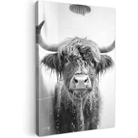 OneMillionCanvasses® Leinwandbild Schottischer Highlander - Tier - Dusche - Humor, Fotodruck (1 St), Badezimmer Deko, Bilder WC, Toilette Wanddeko 20x30 cm