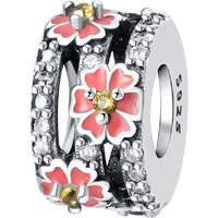 PANDACHARMS Bead Zarte Rosa Blüten auf Glitzernden Bändern Charm, 925er Silber
