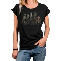MAKAYA T-Shirt Damen-Top mit USA Skyline – bunte Punkte, New York & Amerika-Motiv (Schwarz, Blau, Dunkelgrau, 34, 36, 38, 40, 42, 44, 46, 48, 50) Baumwolle